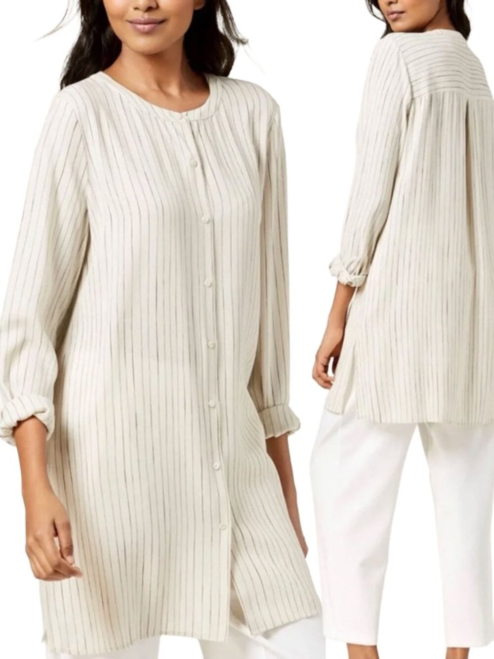Eileen Fisher Silk Painterly Stripe Long Tunic Shirt Small